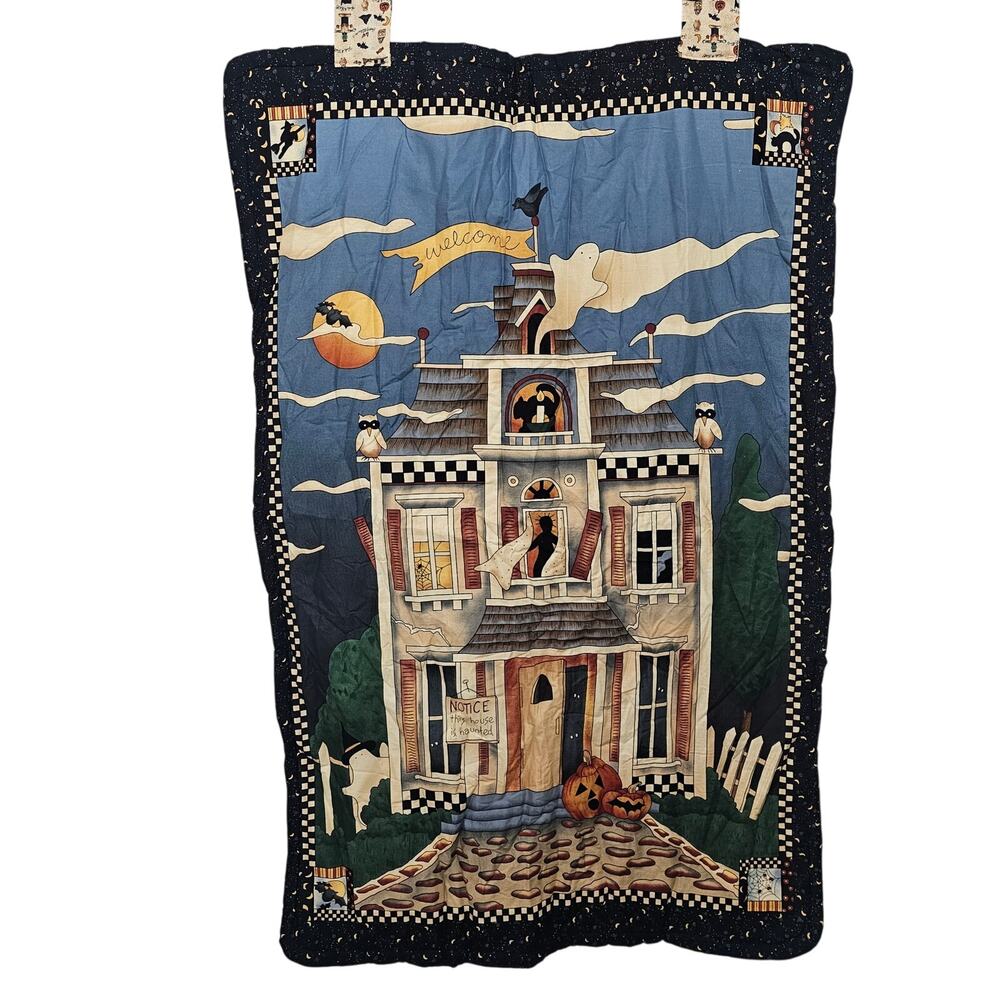 Vintage Handmade Halloween Fabric Wall Decor Cat Haunted House Pumpkin Folk Art